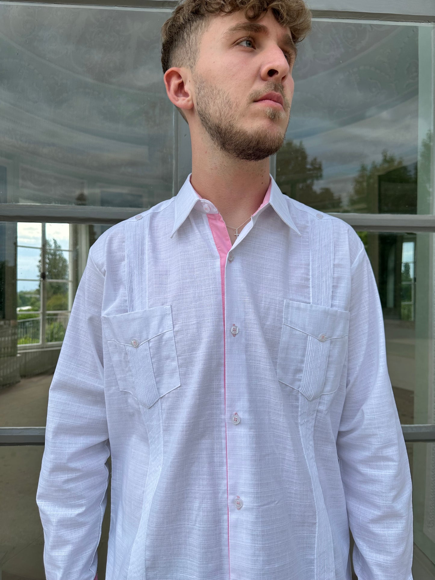 WHITE/PINK "GUAYABERA" LONG SLEEVE